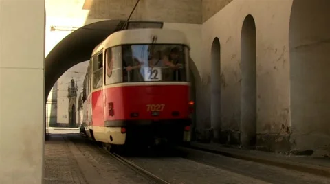 Prague tram going through the arch Stock Footage 21894714