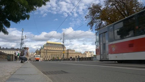 Prague trams passing on Legions Bridge, Czech Republic Stock Footage 117179031