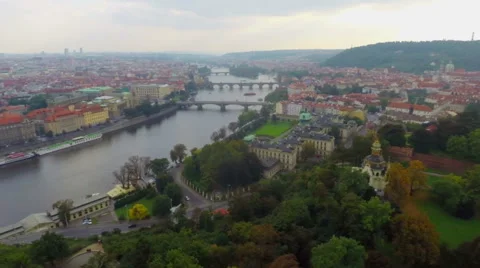 Prague view aerial shot, fall cityscape fly through, old bridges Stock Footage 43698788