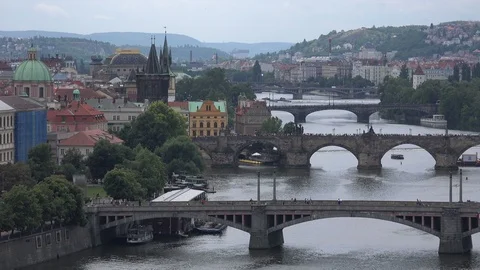 Prague view over river with bridges and Charles bridge Stock Footage 113459408