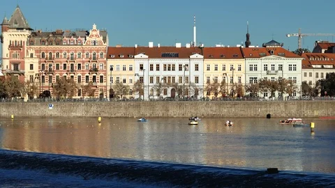 Prague - View of river with people on paddle boats. 4K resolution Stock Footage 95934927