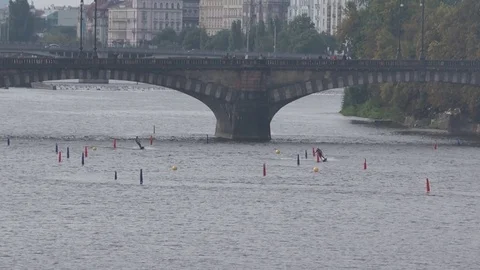 Prague Vltava river surfing Stockbeeldmateriaal 83374516