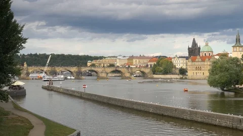 Prague; the Vtala River and Charles Bridge Stock Footage 117179625