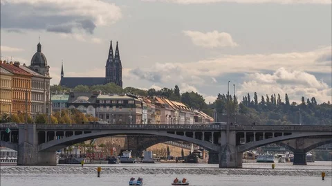 Prague Vysehrad with river and bridge Stock Footage