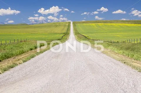 Prairie gravel road leading to the foothills of the Canadian Rocky Mountains, Stock Photos