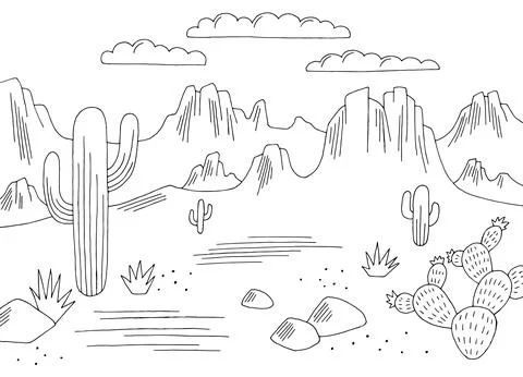 Prairie simplicity graphic black white desert landscape sketch vector Stock Illustration