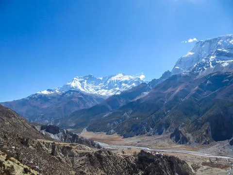 Praken Gompa - Panoramic view on Himalayan valley Stock Photos
