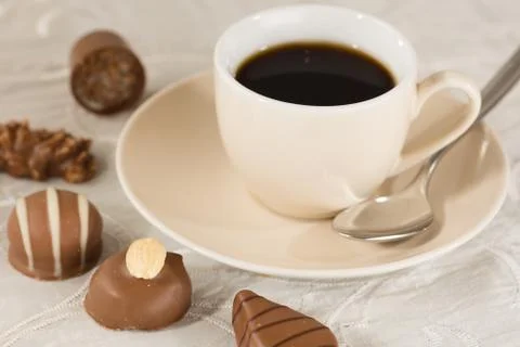 Praline and coffee Stock-Fotos