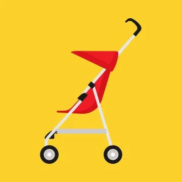 Pram child red carriage vector icon side view. Baby childhood buggy stroller. Stock Illustration