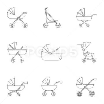 Pram stroller icon set, outline style Stock Illustration