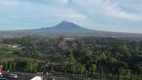 Prambanan temple and Merapi Mountain view in the morning Stock Footage 297150877
