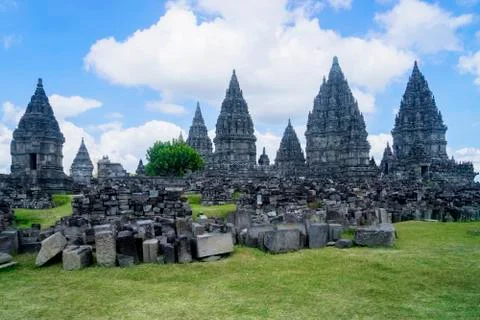 Prambanan Temple complex under blue sky Stock-Fotos