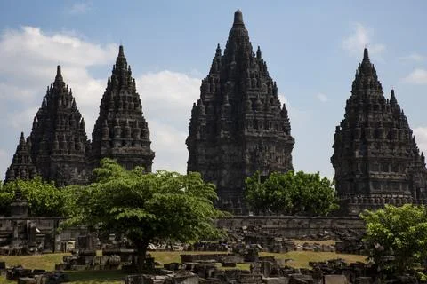 Prambanan temple on Java in Indonesia with black tower Stock-Fotos