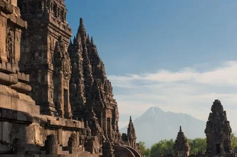Prambanan temple with merapi volcano, java, indonesia Stock Photos