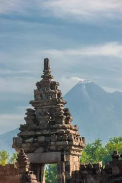 Prambanan temple with merapi volcano, java, indonesia Stock Photos