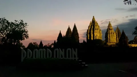 Prambanan Temple at Sunset with Dramatic Evening Sky Stock Footage 336308320