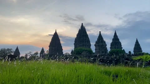 Prambanan Temple at Sunset with Dramatic Evening Sky Stock Footage 336309274