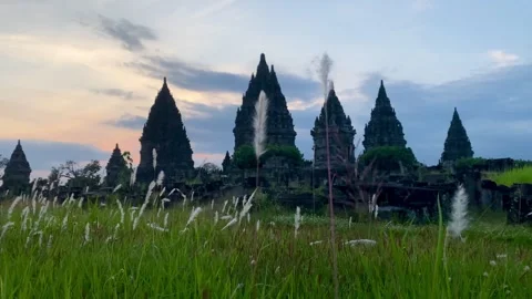 Prambanan Temple at Sunset with Dramatic Evening Sky Stock Footage 336309412