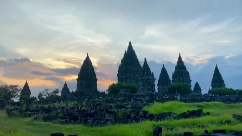 Prambanan Temple at Sunset with Dramatic Evening Sky Stock Footage 336309857