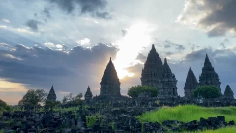 Prambanan Temple at Sunset with Dramatic Evening Sky Stock Footage 336309945