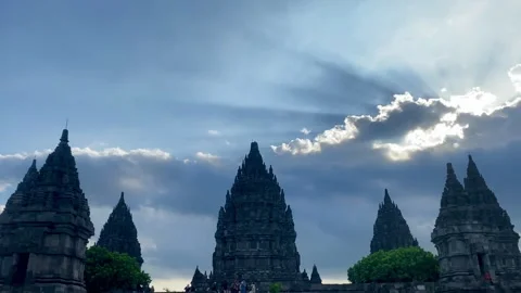 Prambanan Temple at Sunset with Dramatic Evening Sky Stock Footage 336311970
