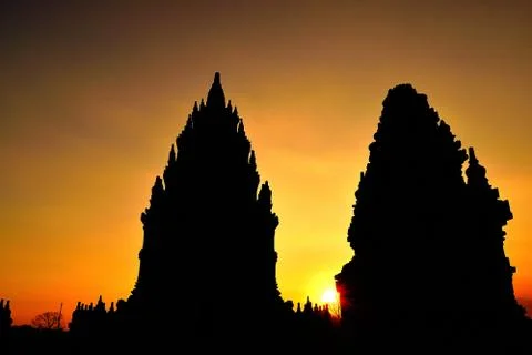 Prambanan temple at sunset, Java island, Indonesia. Fotos Stock