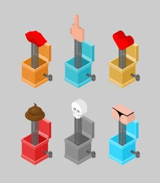 Prank box set. Funny prize fuck and ass. Shit and skull. Kiss and heart. Toy  Stock Illustration