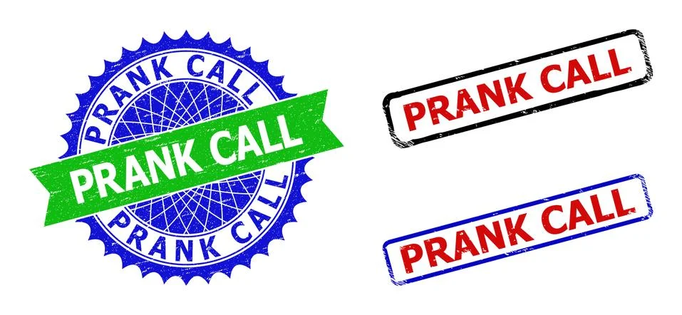 PRANK CALL Rosette and Rectangle Bicolor Badges with Grunged Styles Stock Illustration