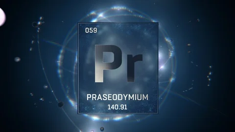 Praseodymium as Element 59 of the Periodic Table 3D animation on blue background 스톡 동영상 119764059