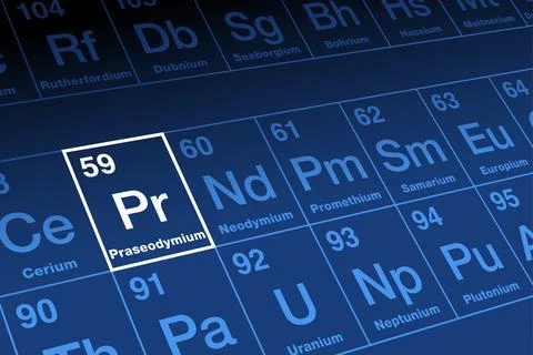 Praseodymium on periodic table of the elements, with element symbol Pr Stock Illustration