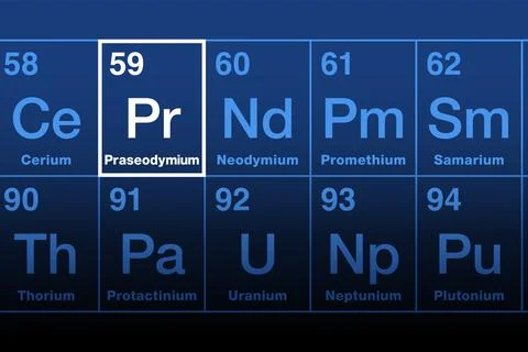Praseodymium on periodic table of the elements with element symbol Pr Stock Illustration