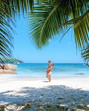 Praslin Seychelles tropical island with withe beaches and palm trees, coup... Stock Photos