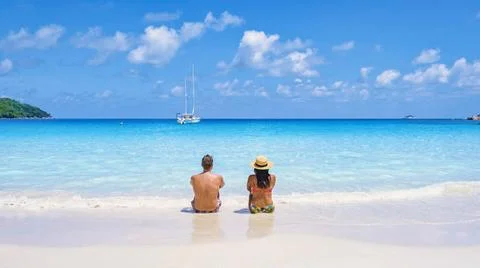 Praslin Seychelles tropical island with withe beaches and palm trees, coup... Stock Photos