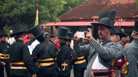 Prawiratama warriors waiting for start of Pakualaman parade in Yogyakarta Stock Footage