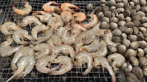 Prawn and shell on the grill Stock Photos