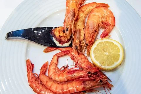 Prawn dish with lemon Stock Photos