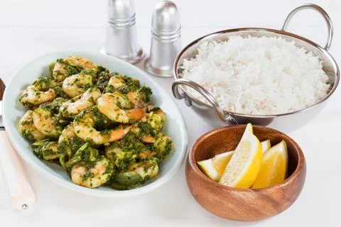 Prawn saag indian curry with basmati rice Stock Photos