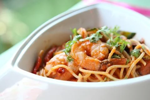 Prawn spaghetti Stock Photos