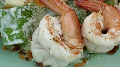 Prawns Caesar salad Stock Footage 83876843