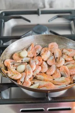 Prawns in a pan Stock Photos