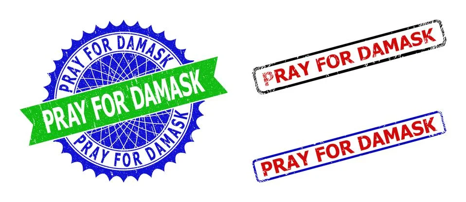 PRAY FOR DAMASK Rosette and Rectangle Bicolor Stamp Seals with Rubber Textures Stock Illustration