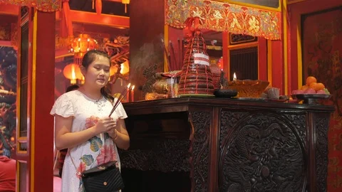 Pray Inside A Buddhist Temple Stock Footage 123571919