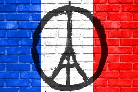 Pray for paris, hand drawn eiffel tower, peace for paris on brick wall with f Stock Illustration