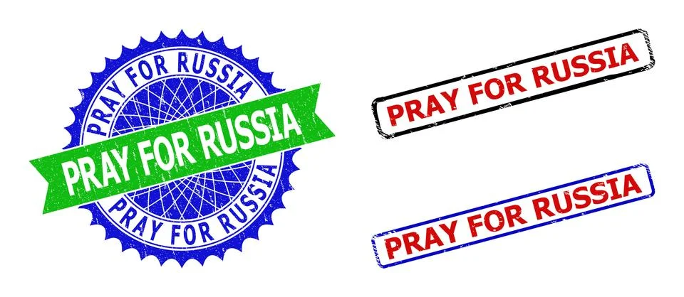 PRAY FOR RUSSIA Rosette and Rectangle Bicolor Seals with Rubber Textures Illustrazione stock