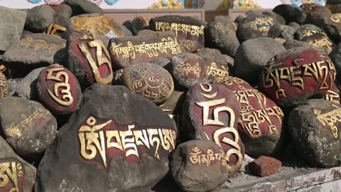 Pray stones in front of Buddhism monastery in Indian Tibet colony 005 Stock Footage 112546529