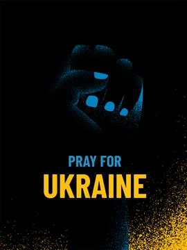 Pray for Ukraine illustration vector background. Arm with palm in fist on black Stock Illustration