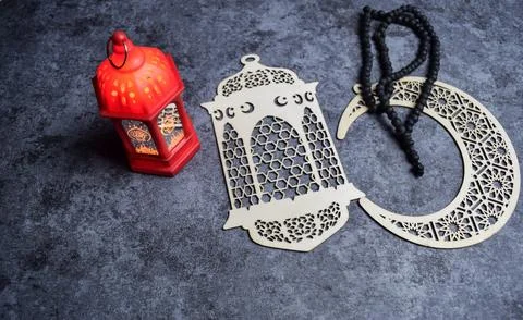 Prayer beads, Lantern on dark background ramadhan Stock Photos