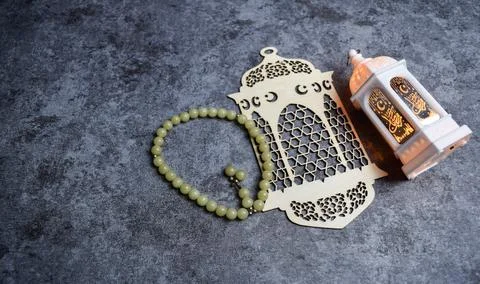 Prayer beads, Lantern on dark background ramadhan Stock Photos