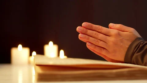 Prayer for blessing. Woman's hands over the bible  Stock Footage 167041339