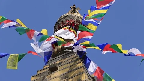 Prayer colorful flags flying from the Buddhist Stupa in Kathmandu valley, Nepal Stock Footage 82708248